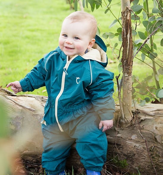 baby in waterproof suit