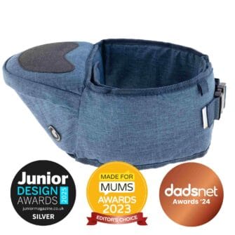 Hippychick Hipseat with the Junior Deign Silver Award Badge, Dadsnet Bronze and MadeForMums Editor's Choice