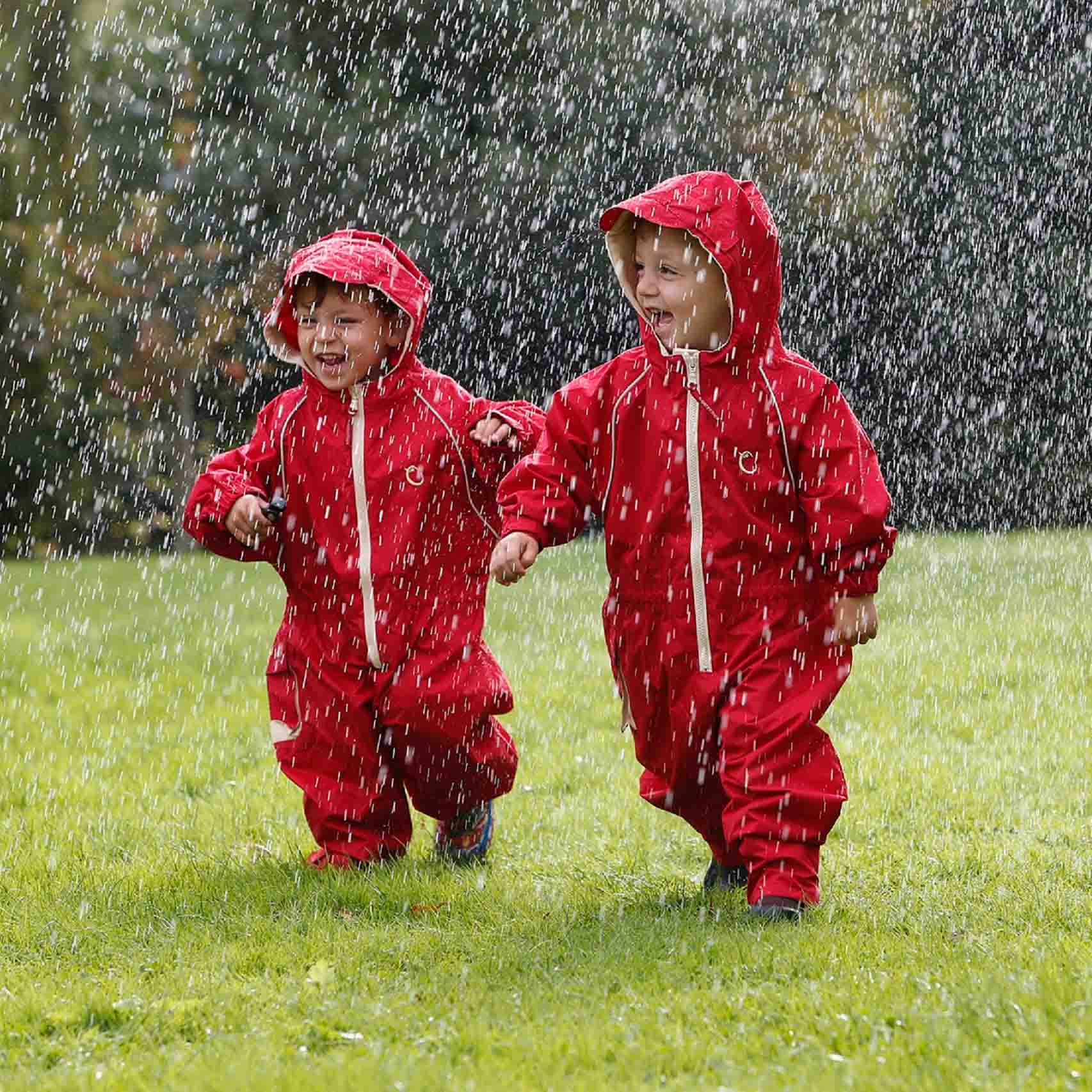 _06P2720 - Copy RESIZED Little boys playing in the rain in their Fiesta Red Waterproof Suits