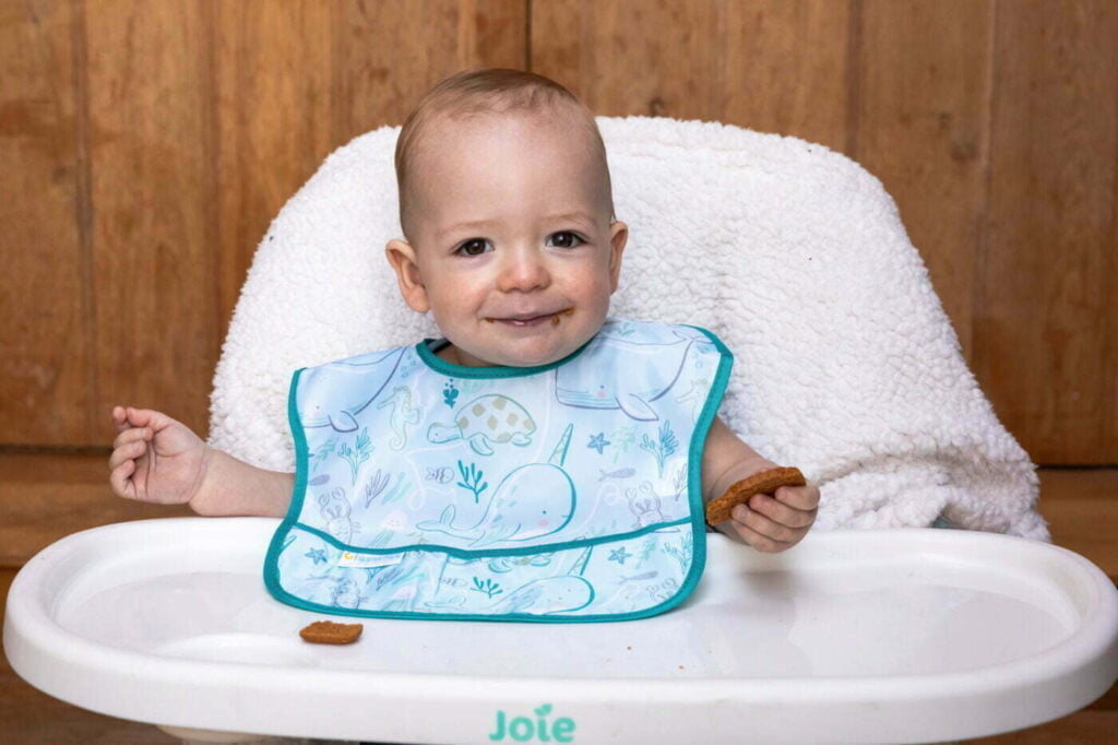 A little boy wearing a blue bib whilst sat in a white highchair 