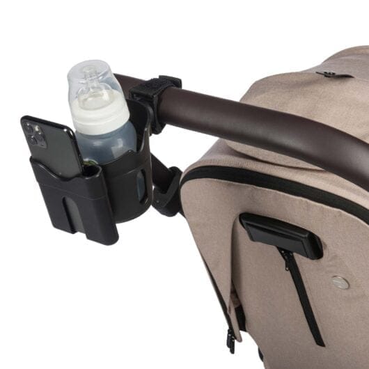 Dooky Cup and Phoneholder strapped to the buggy