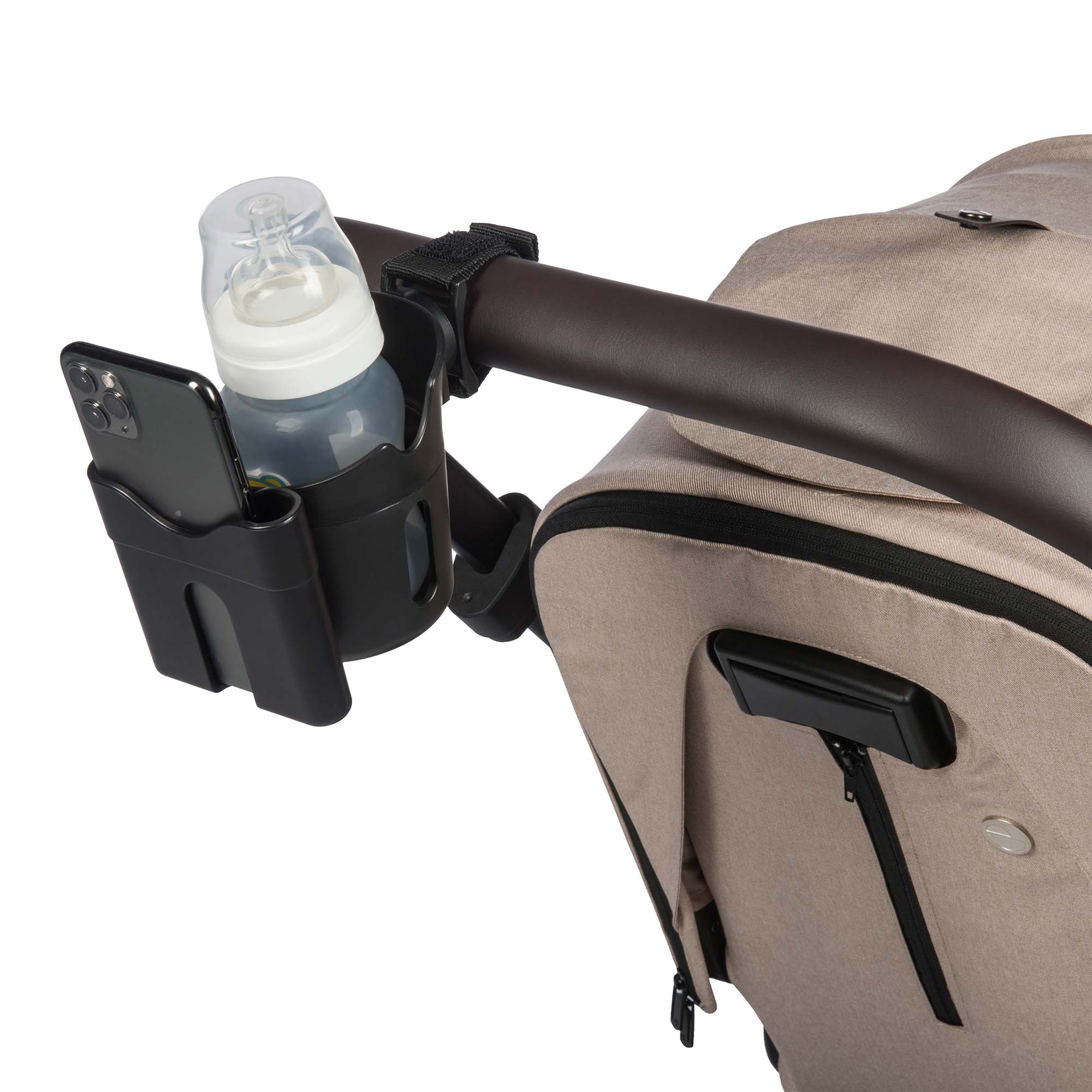 Dooky Cup and Phoneholder strapped to the buggy