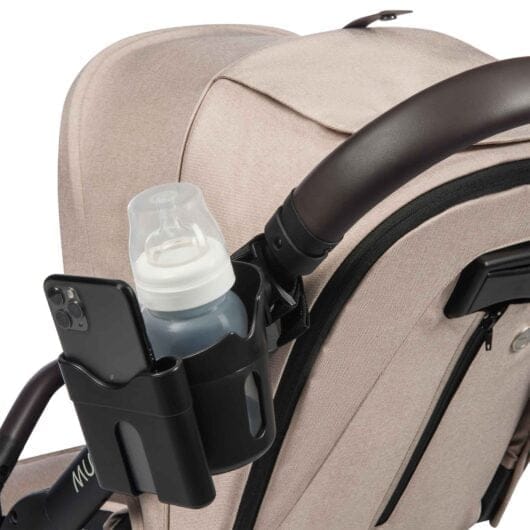 Dooky Cup and Phoneholder strapped to the buggy