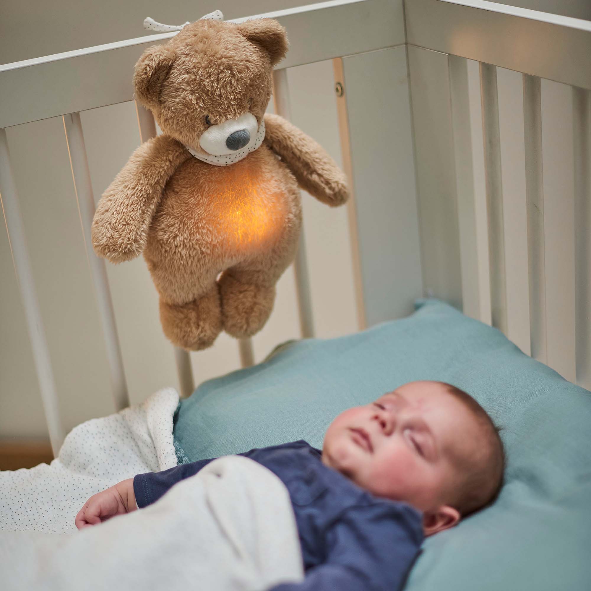 Child asleep in cot with Nattou Sleepy Cuddly Bear hanging on the side of the cot with light on