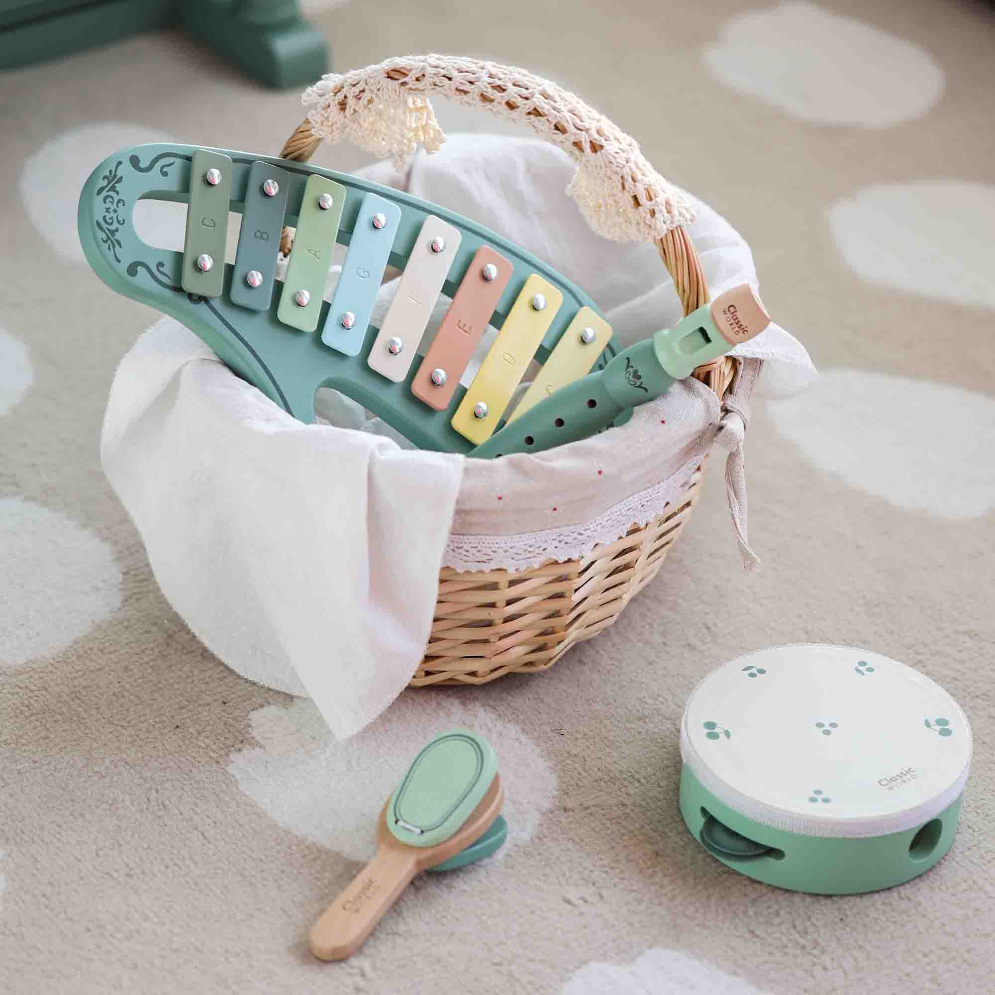 Vintage Music Set in a Basket and on the floor