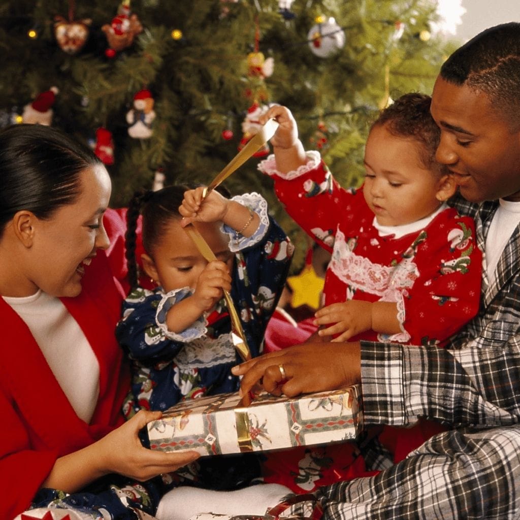 family opening presents on christmas morning