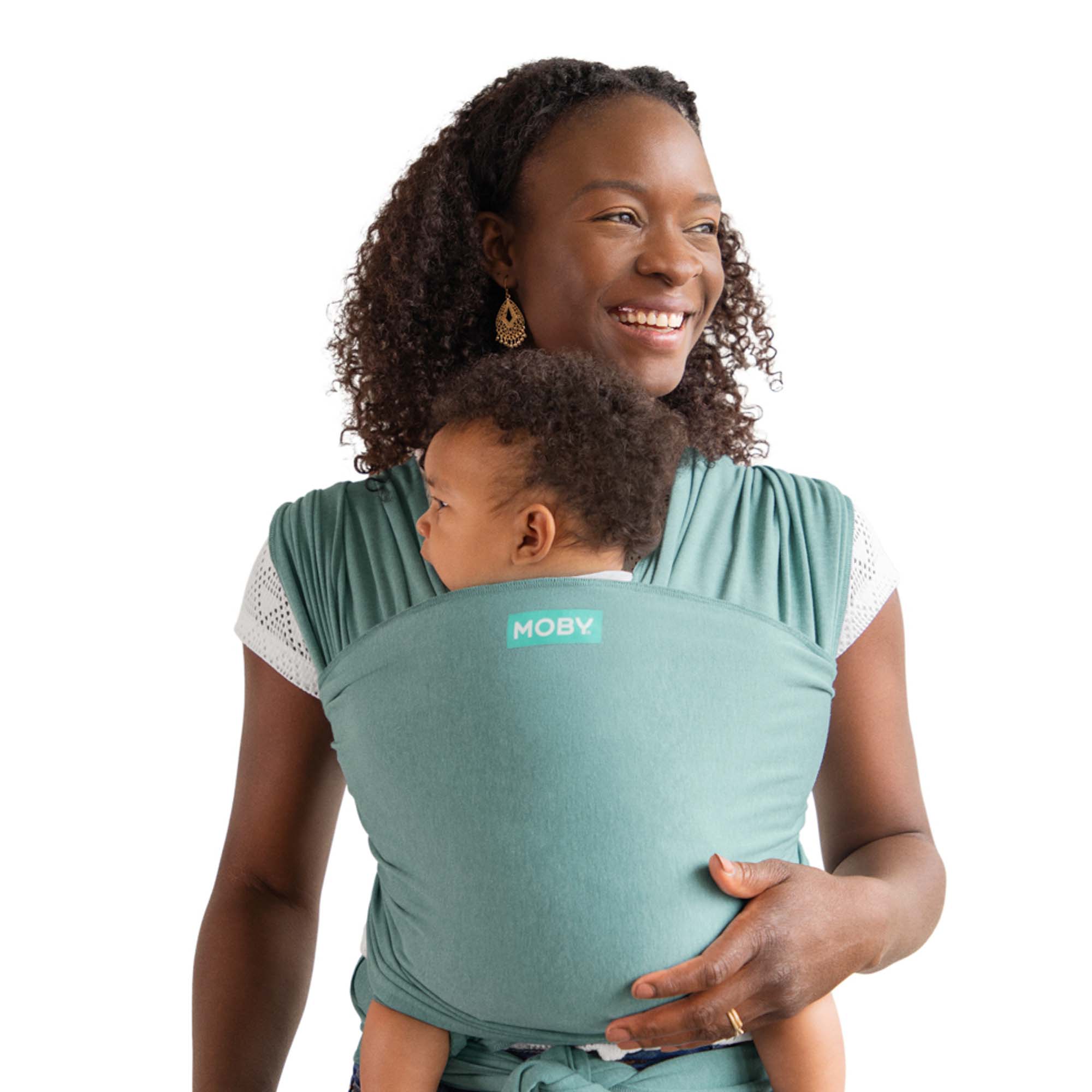 Mother carrying baby in Moby Elements Hydro Wrap