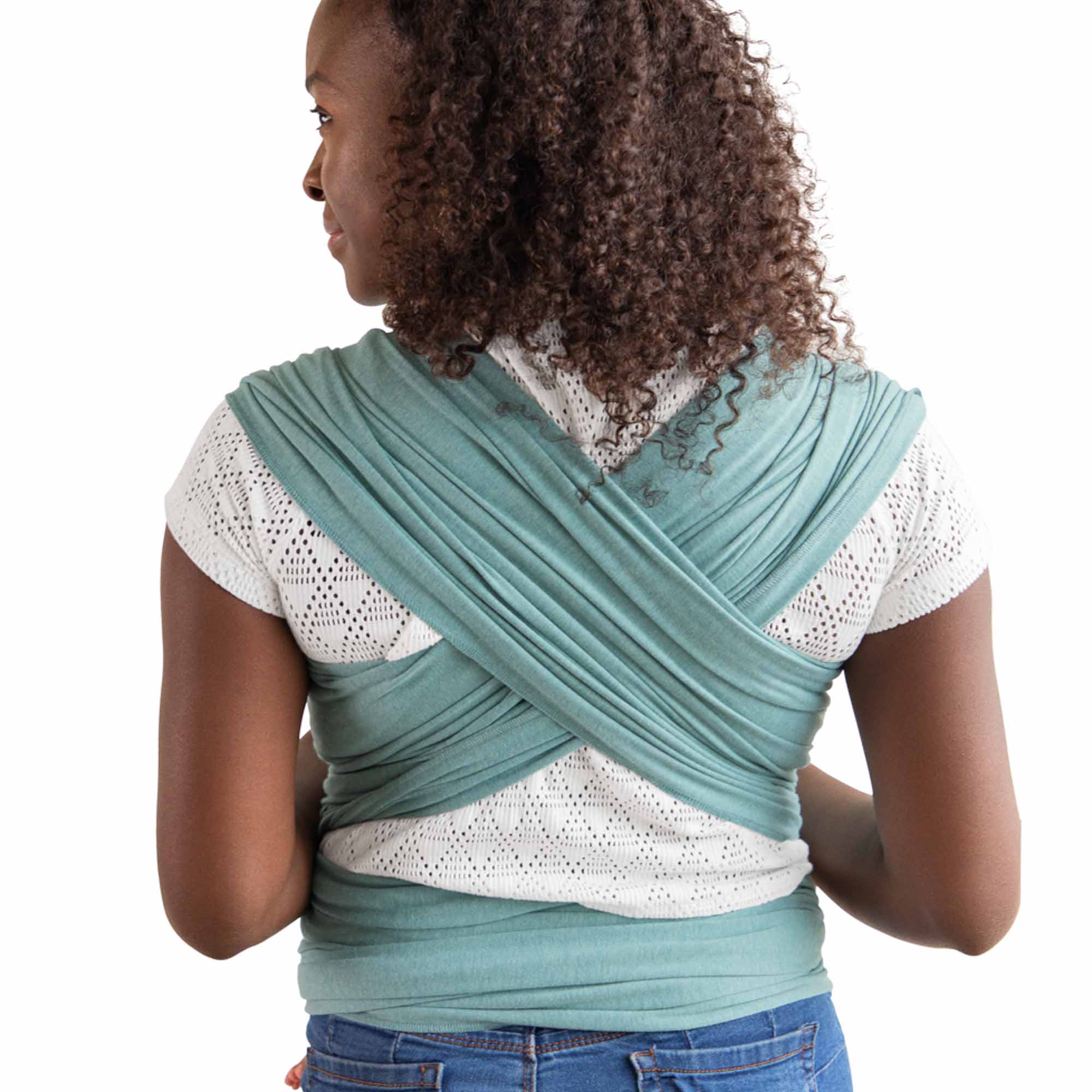 Mother carrying baby in Moby Elements Hydro Wrap