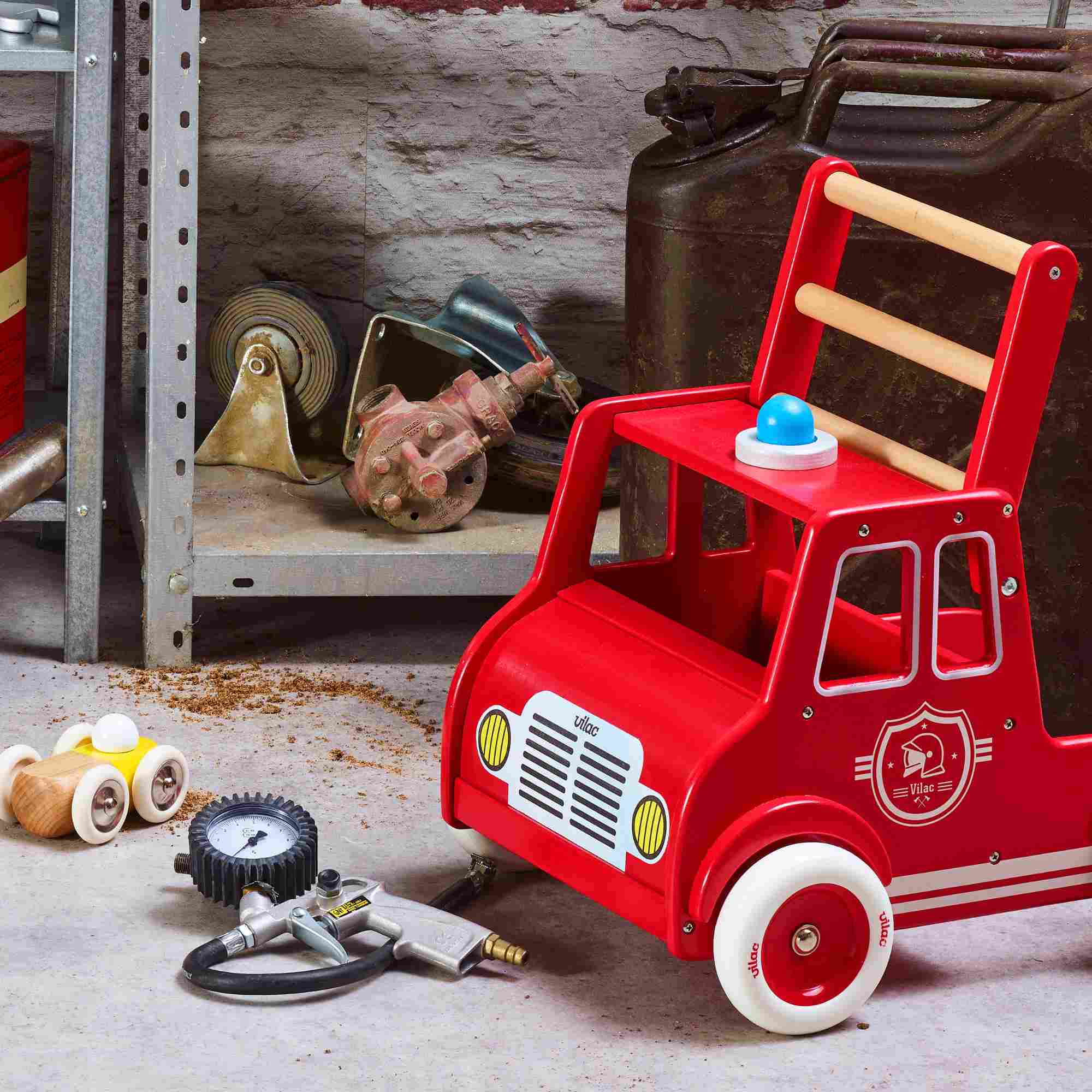 Vilac Fire Engine Walker in a Garage