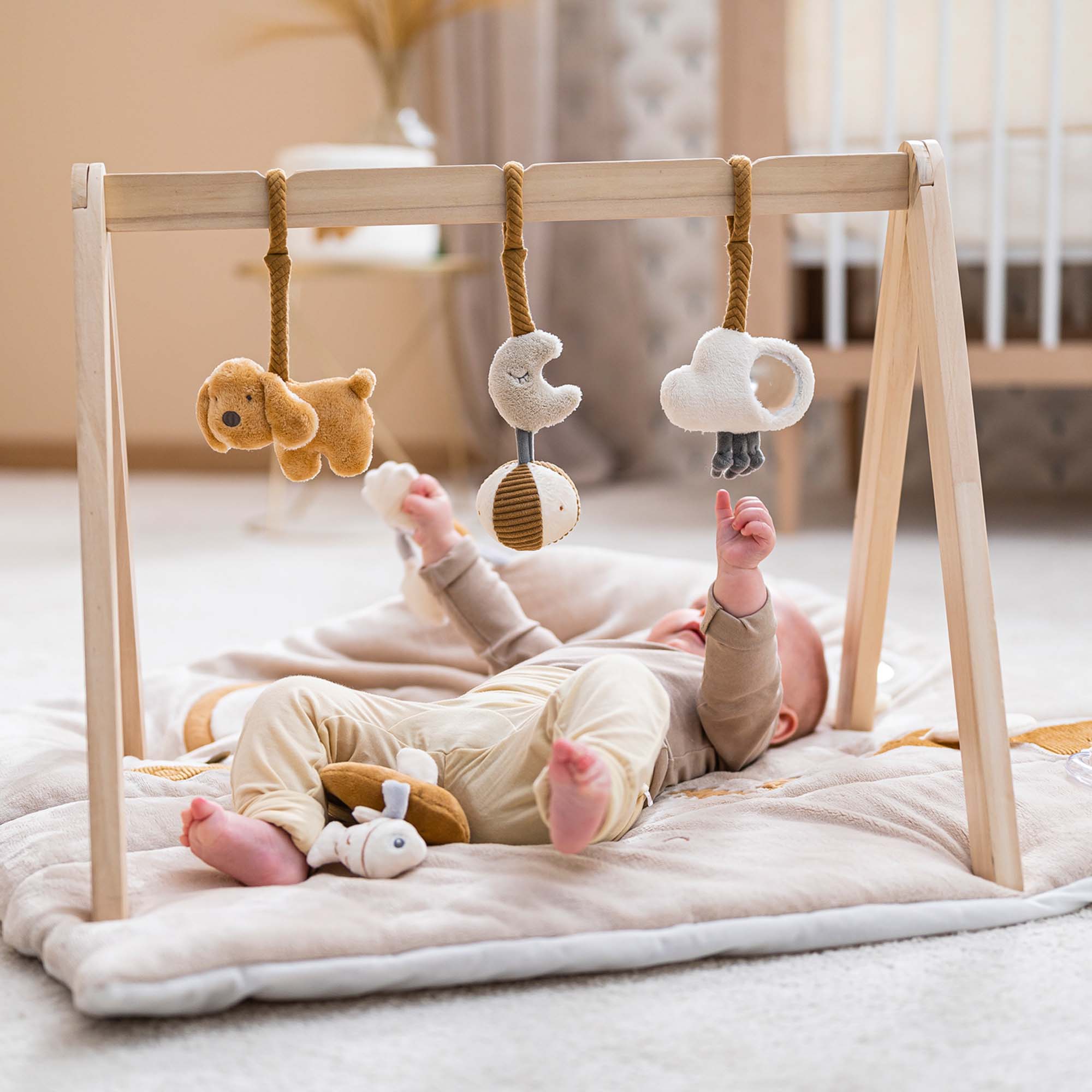 Baby playing under the Nattou Wooden Arches with Hanging Toys - Charlie