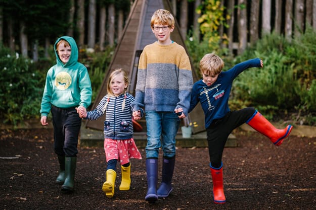 children walking outside in warm wellies boots