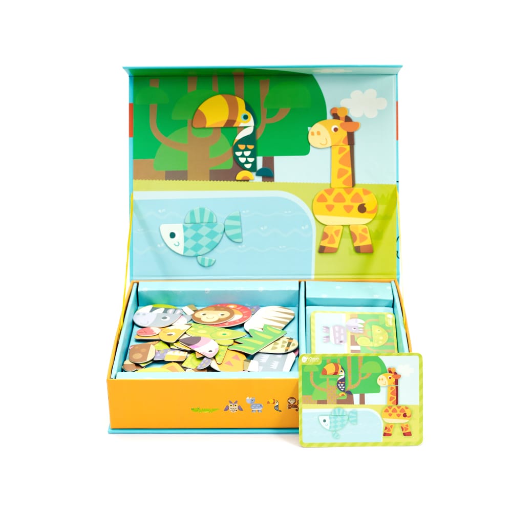 Classic World Magnetic Animals with giraffe, fish and toucan stuck to the magentic play scene