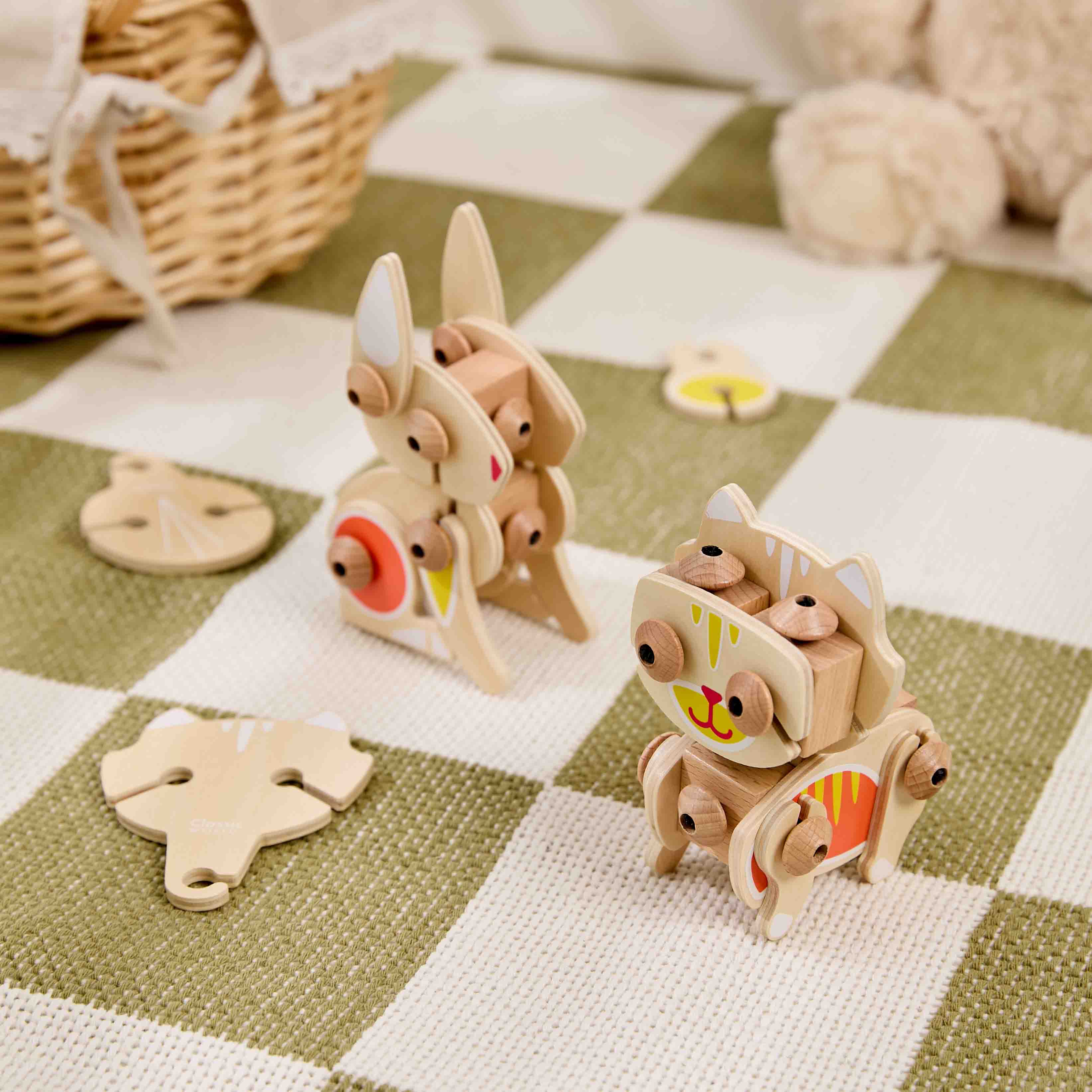 Rabbit ad Cat Flexi Animal on chequered carpet