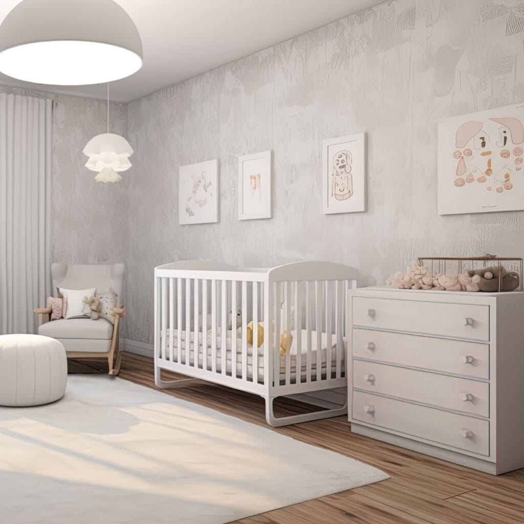 Baby's nursery with a cot, chest of drawers and a nursing chair and stool