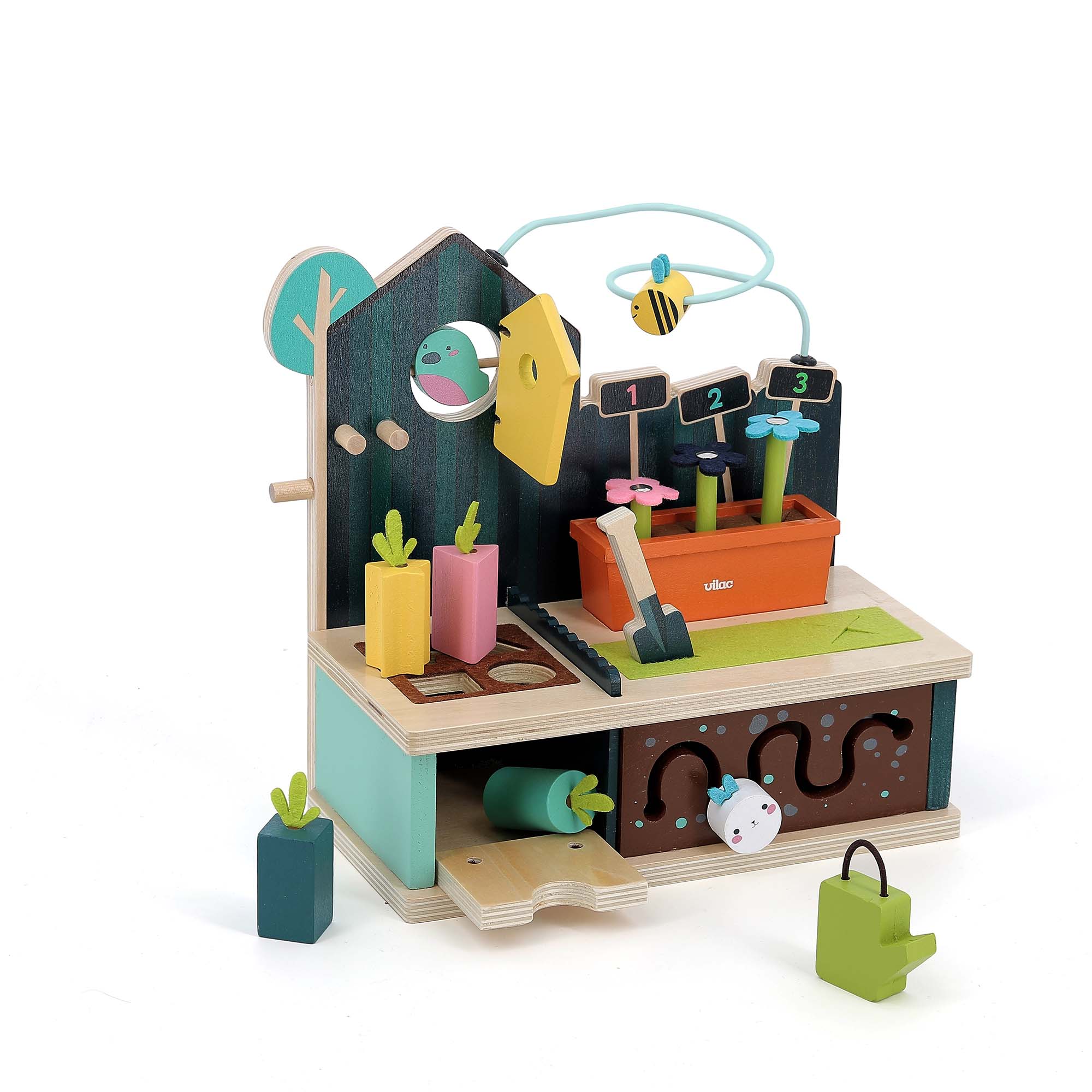 Vilac Early Learning Garden with watering can in front and shape sorter box open