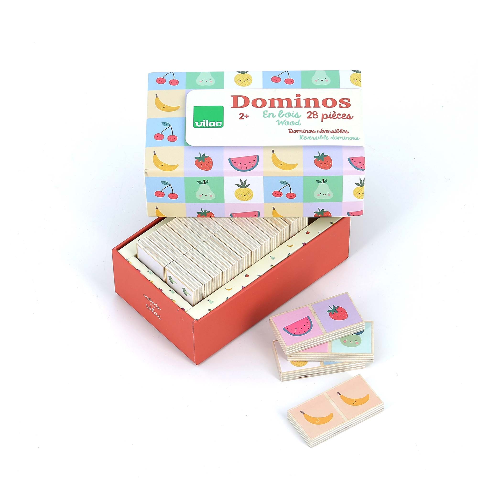 Vilac Fruit & Vegetables Reversible Wooden Dominoes inside their box