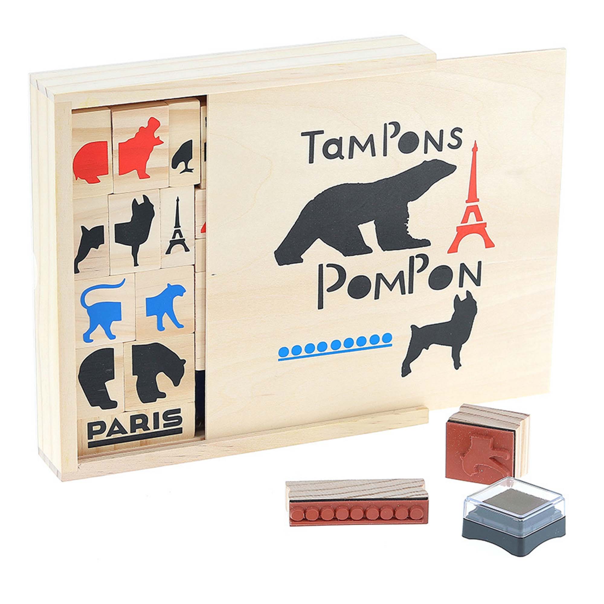 Vilac Pompon Stamp Set inside the wooden box