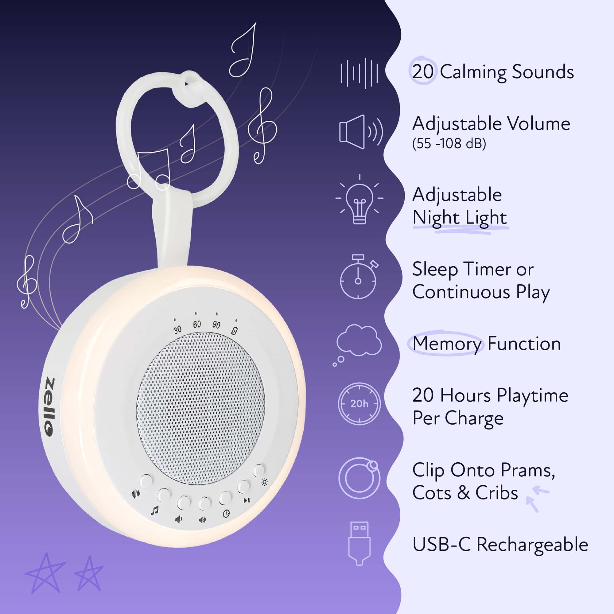 Zello 02 Retail Images - Key features Ex-Display - Zello Portable White Noise Machine & Night Light